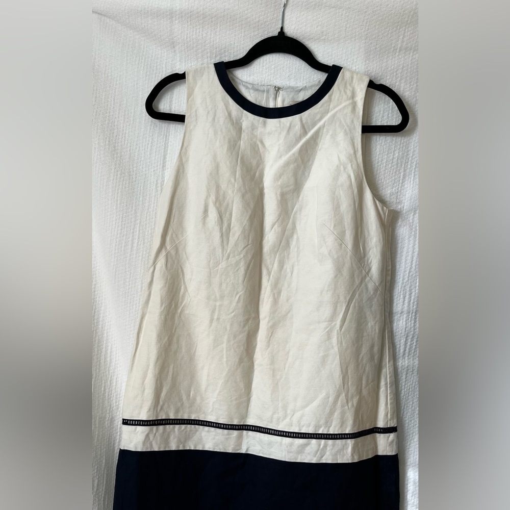 Ann Taylor Loft Linen Blend off white straight dress with lace and Navy trim.